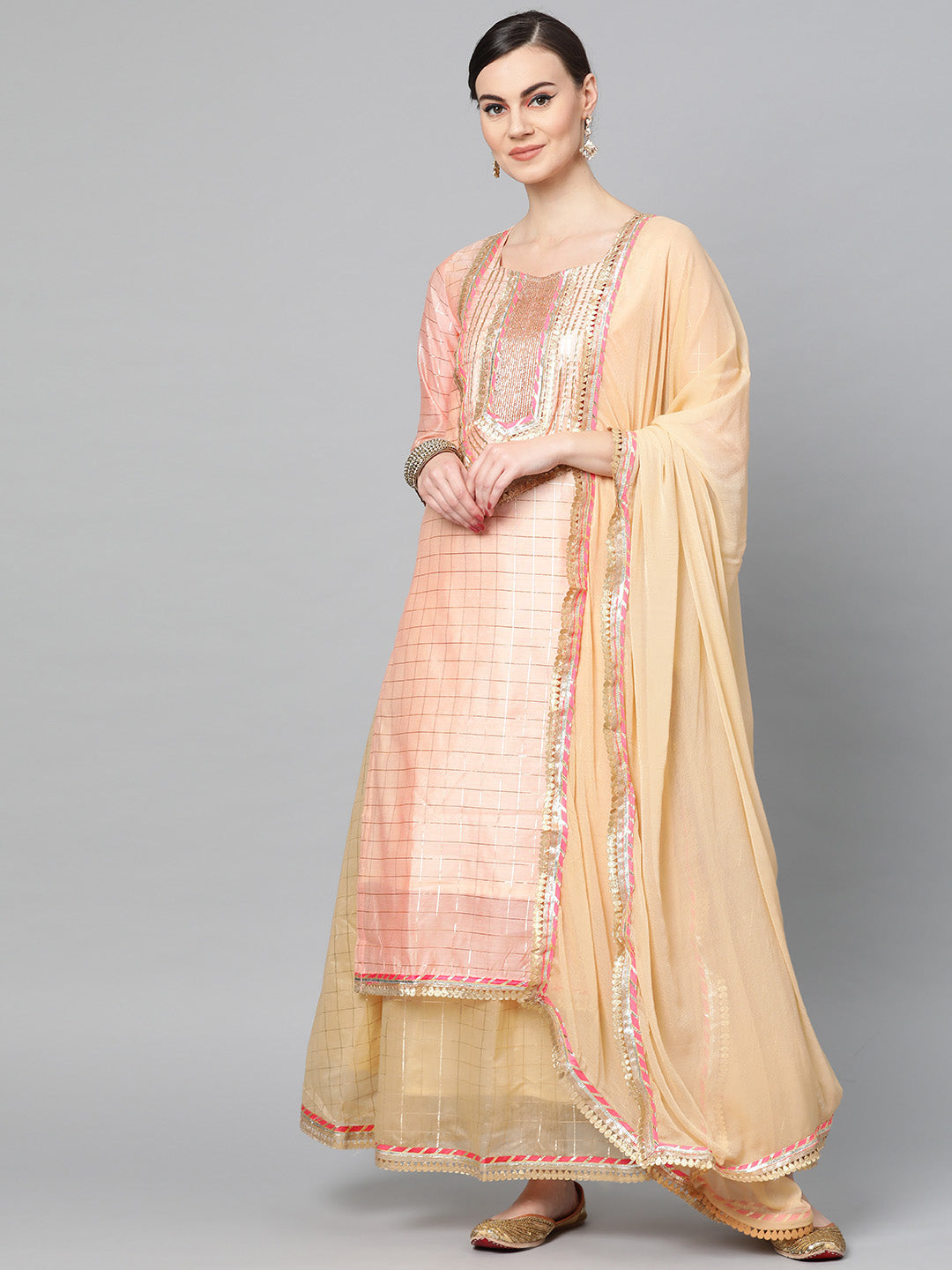 Women's Chanderi Silk Peach & Beige Embellished A-Line Kurta Skirt Dupatta Set - Ishin