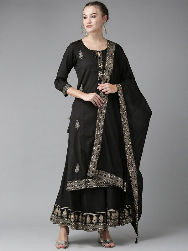 Women's Sequins Black Embellished A-Line Kurta Sharara Dupatta Set - Ishin