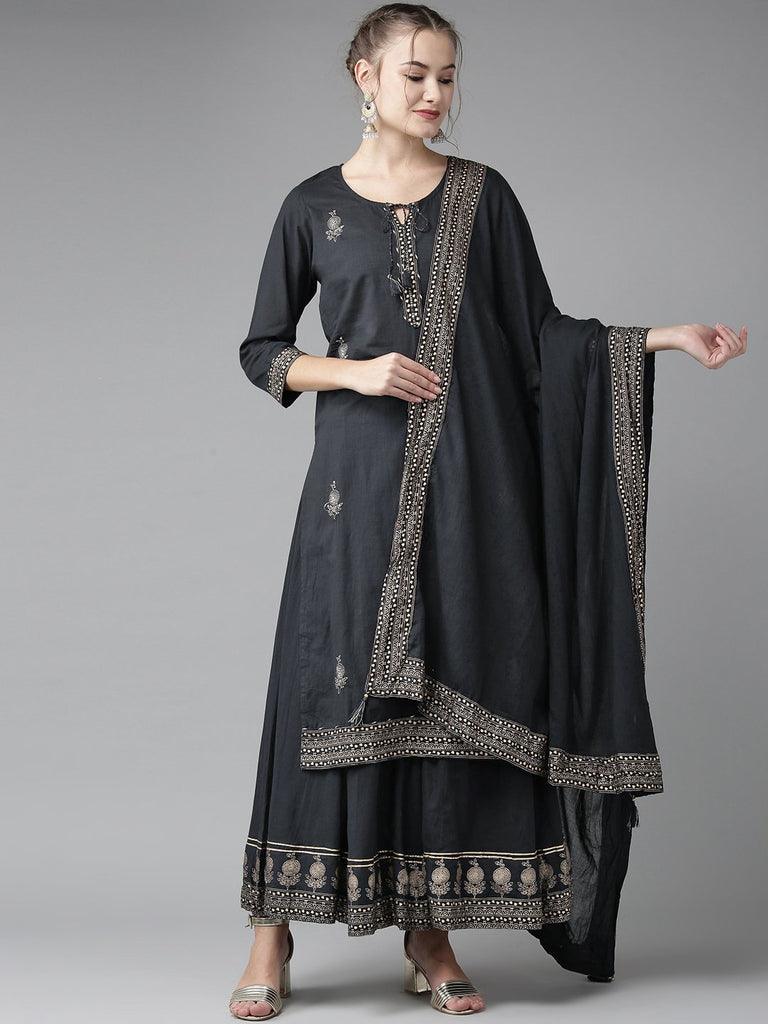 Women's Sequins Navy Blue Embellished A-Line Kurta Sharara Dupatta Set - Ishin - Indiakreations