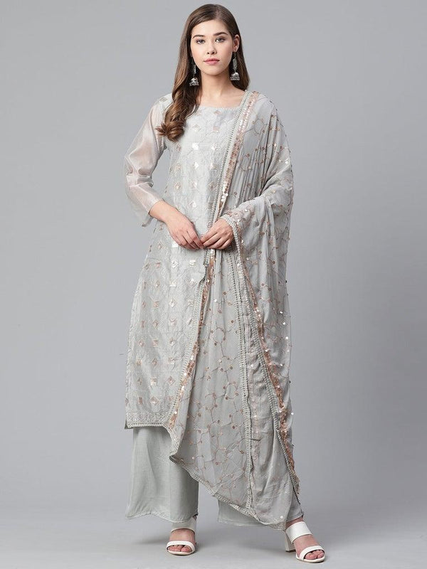 Women's Grey Kurta with Palazzo & Dupatta Suit Set by Ishin- (3pcs set) - Indiakreations