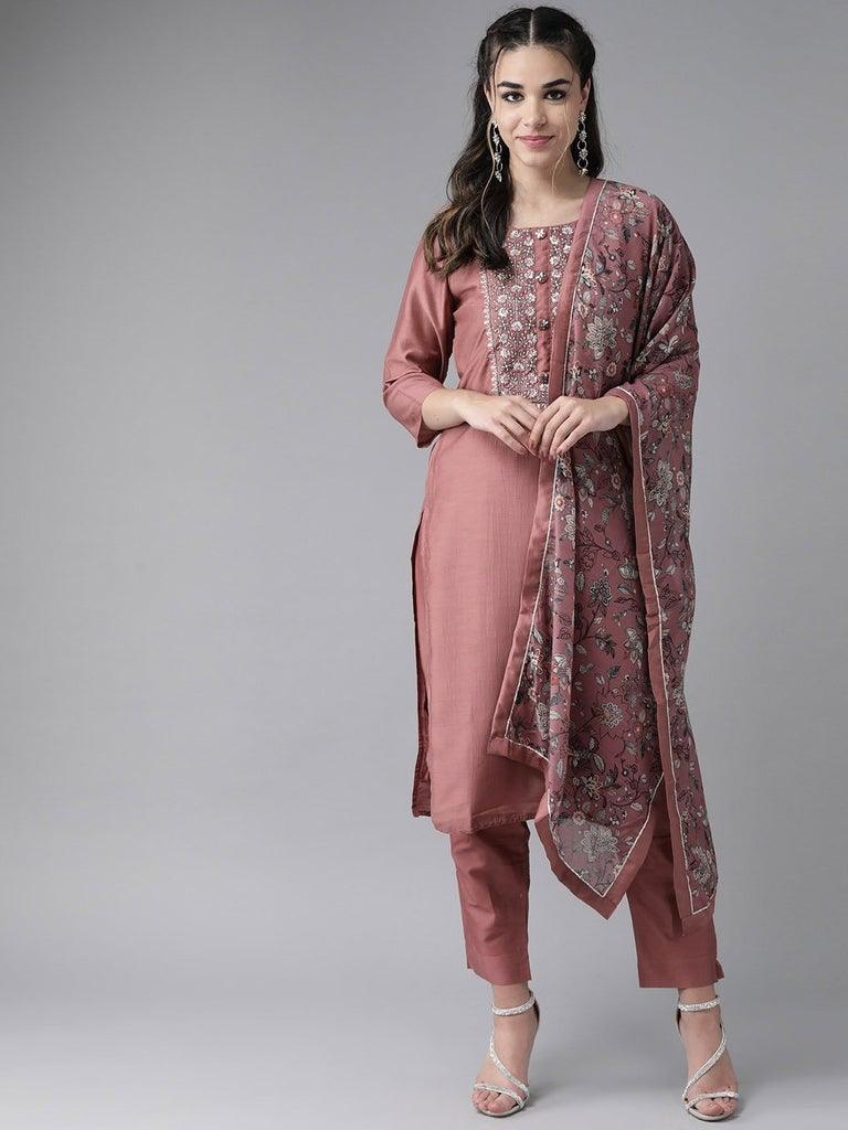 Women Mauve Pink Silk Kurta with Trouser & Dupatta by Ishin (3pcs Set) - Indiakreations