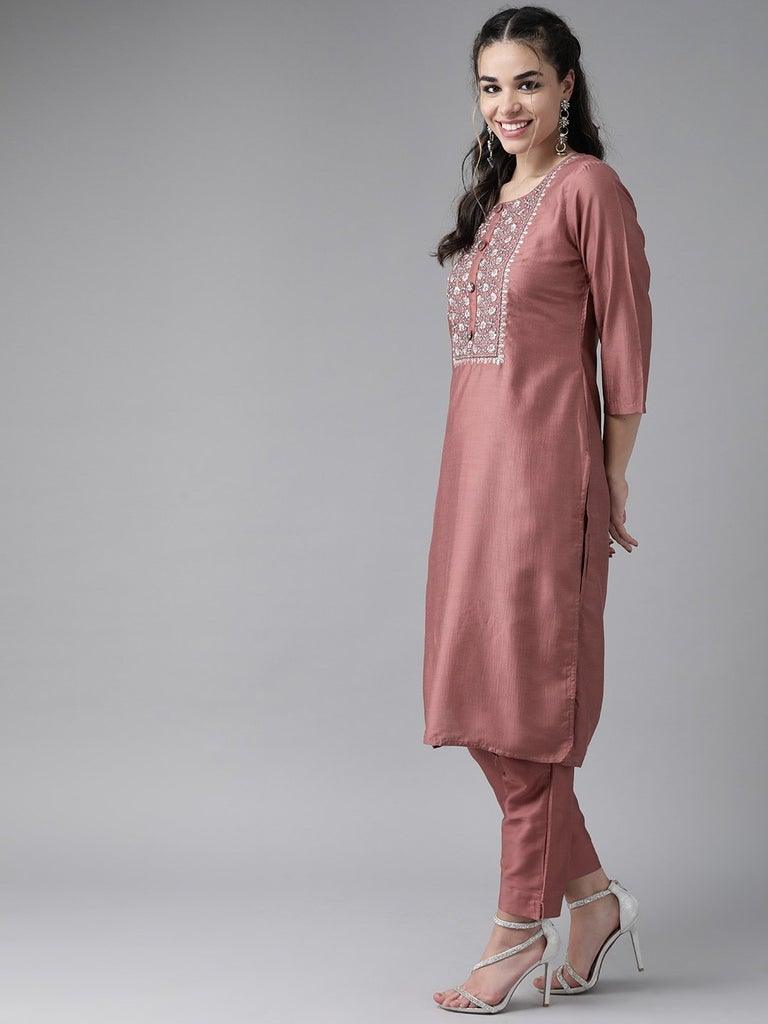 Women Mauve Pink Silk Kurta with Trouser & Dupatta by Ishin (3pcs Set) - Indiakreations