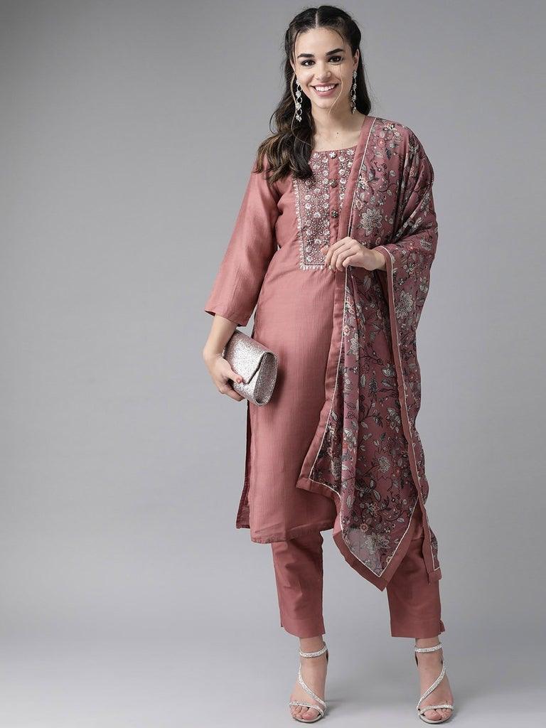 Women Mauve Pink Silk Kurta with Trouser & Dupatta by Ishin (3pcs Set) - Indiakreations