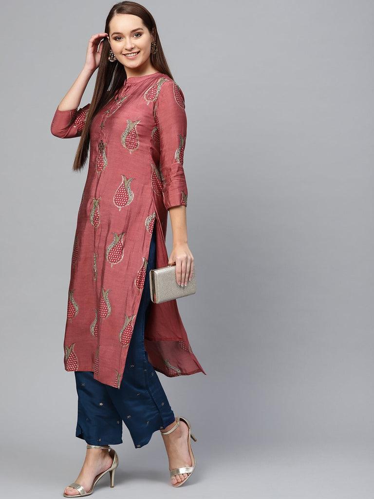 Women's Silk Blend Rose Pink & Blue Embellished A-Line Kurta Palazzo Set - Ishin - Indiakreations