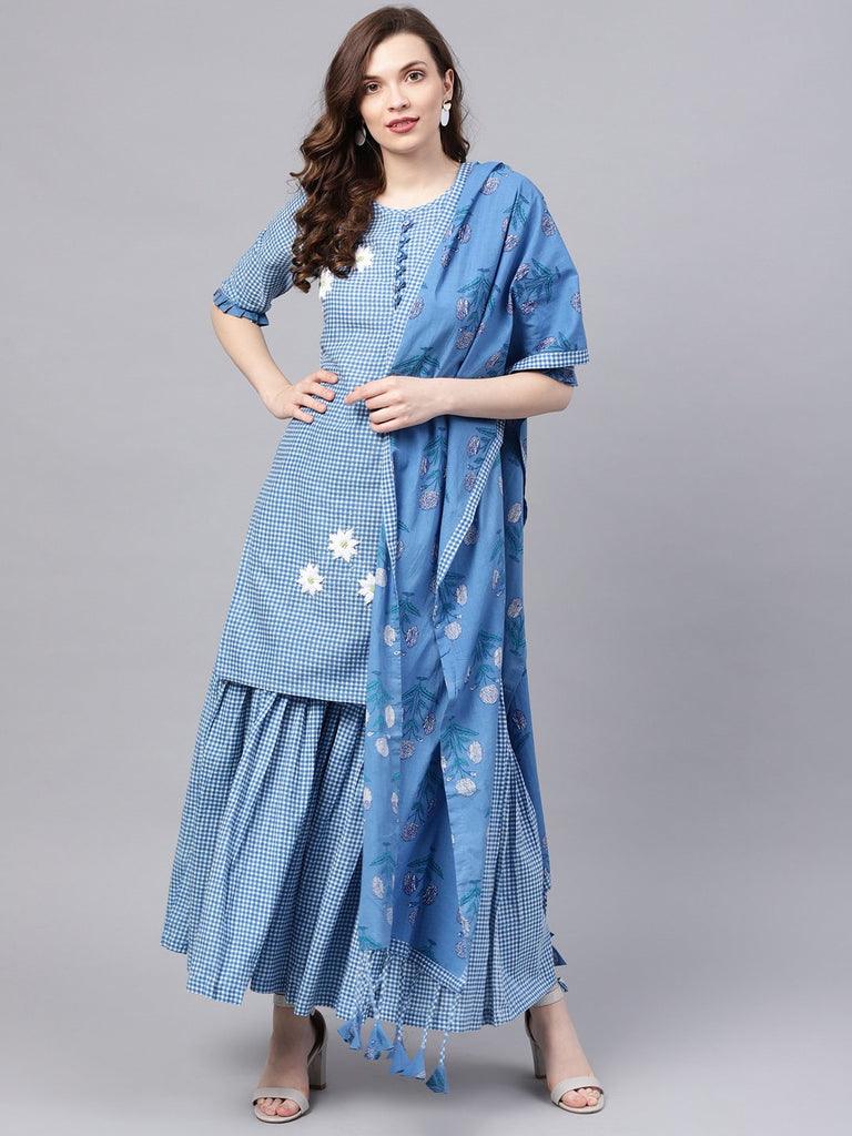 Women's Cotton Blue Embroidered A-Line Kurta Sharara Dupatta Set - Ishin - Indiakreations