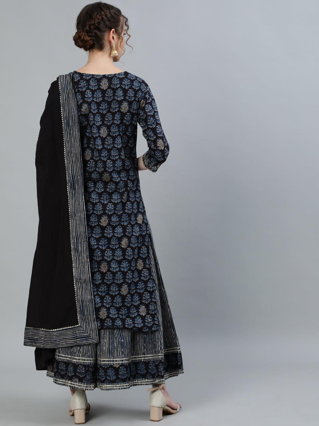 Women's Black Yoke Embroidered A-Line Kurta With Sharara & Dupatta - Ishin - Indiakreations