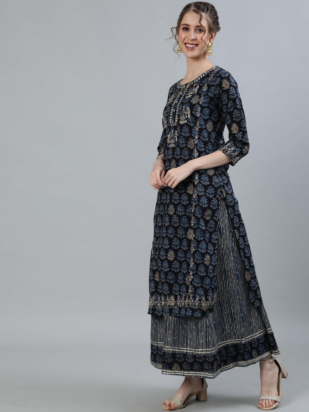 Women's Black Yoke Embroidered A-Line Kurta With Sharara & Dupatta - Ishin - Indiakreations