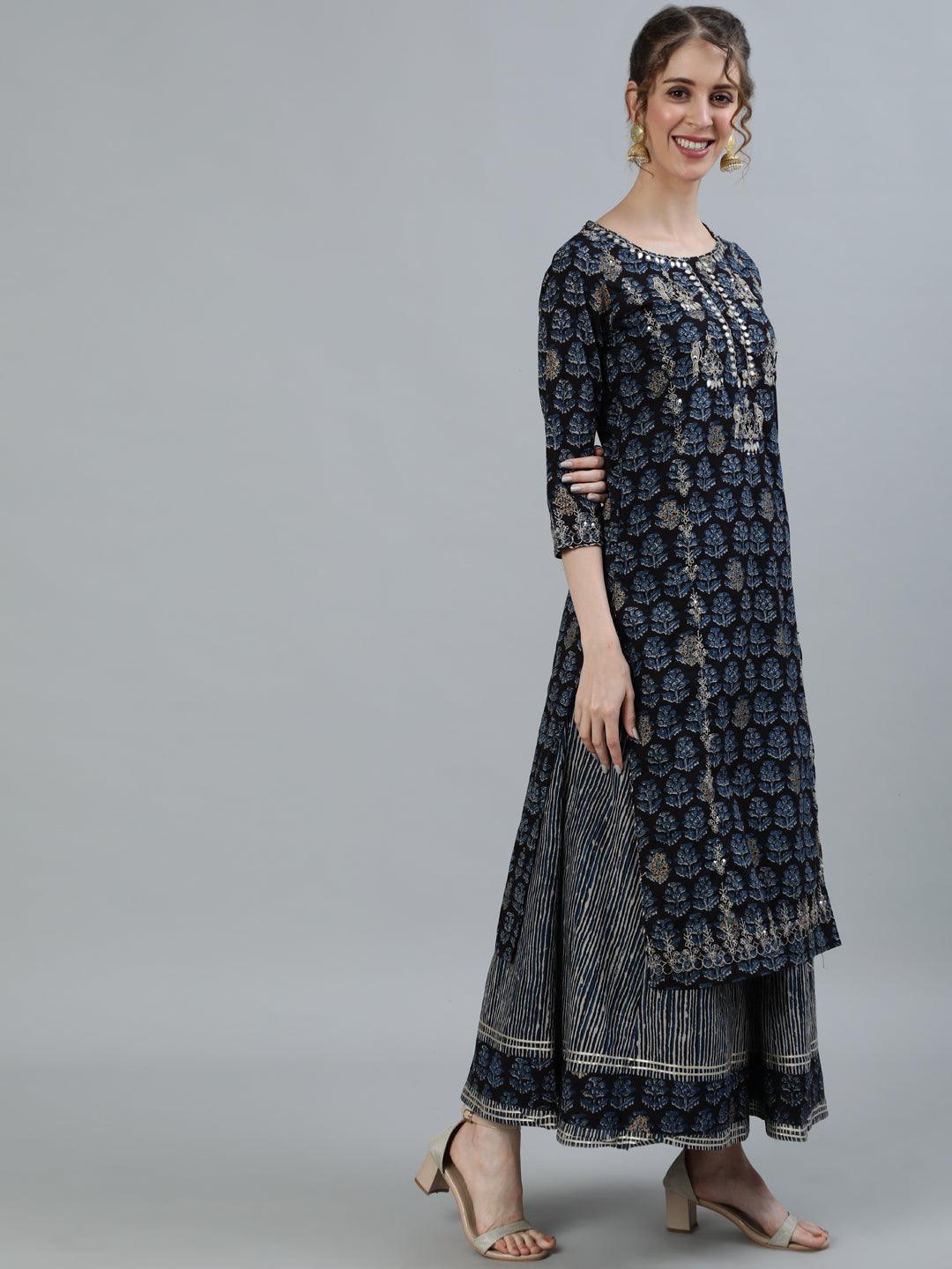 Women's Black Yoke Embroidered A-Line Kurta With Sharara & Dupatta - Ishin - Indiakreations