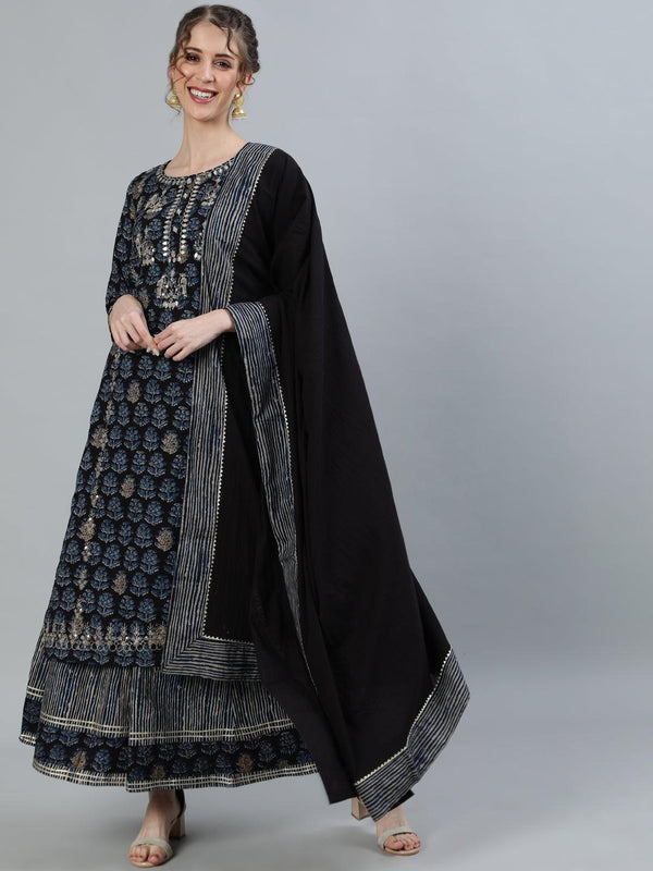 Women's Black Yoke Embroidered A-Line Kurta With Sharara & Dupatta - Ishin - Indiakreations