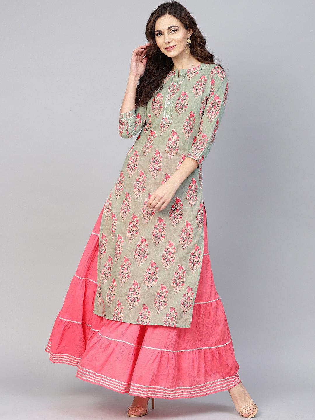 Women's Rayon Sea Green & Pink Printed A-Line Kurta Skirt Set - Ishin - Indiakreations