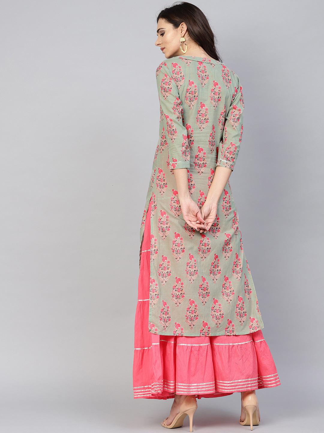 Women's Rayon Sea Green & Pink Printed A-Line Kurta Skirt Set - Ishin - Indiakreations