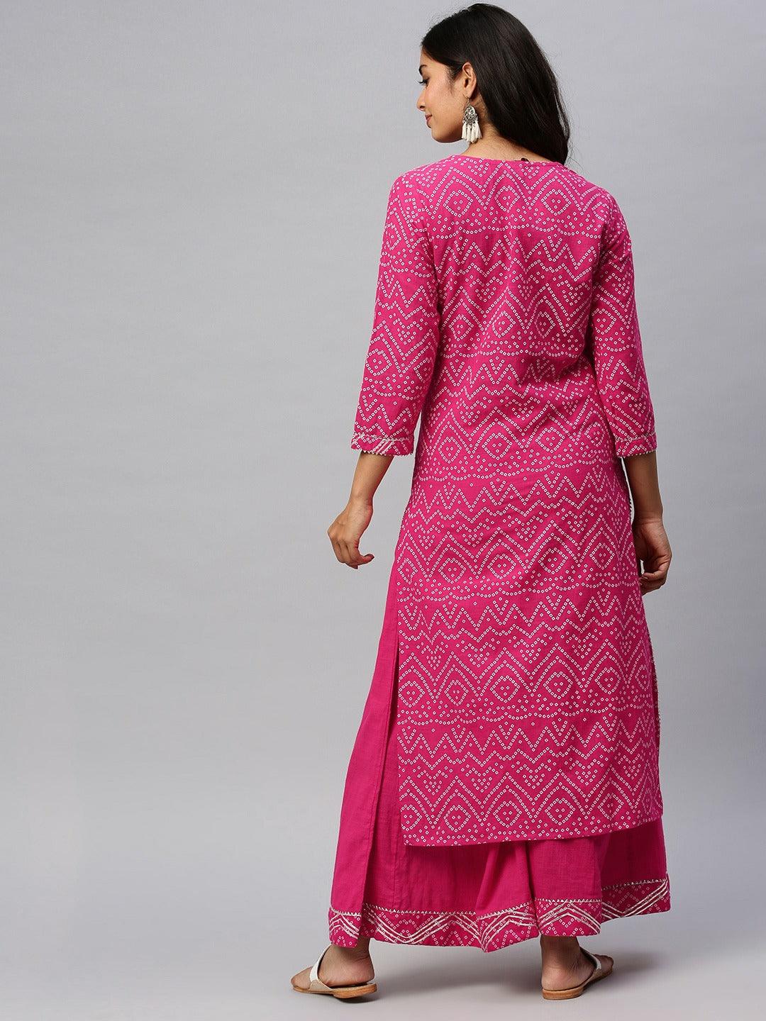 Women Pink Cotton Kurta with Palazzo by Ishin (2pcs Set) - Indiakreations