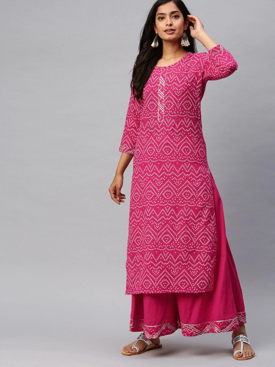 Women Pink Cotton Kurta with Palazzo by Ishin (2pcs Set) - Indiakreations