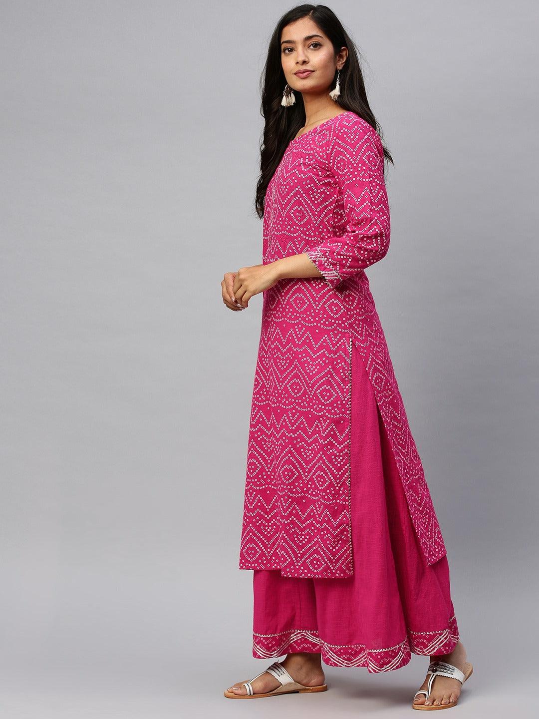 Women Pink Cotton Kurta with Palazzo by Ishin (2pcs Set) - Indiakreations