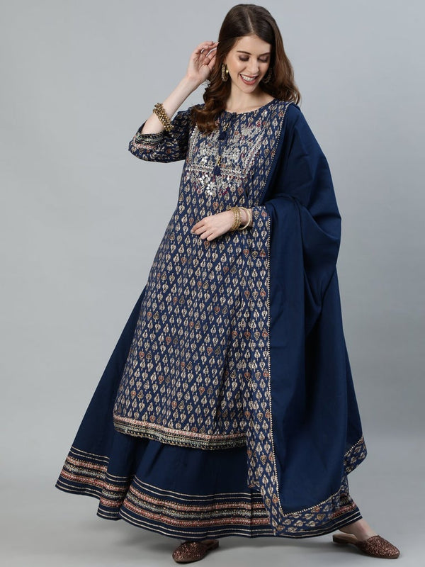 Women's Navy Blue Embroidered A-Line Kurta With Palazzo & Dupatta - Ishin