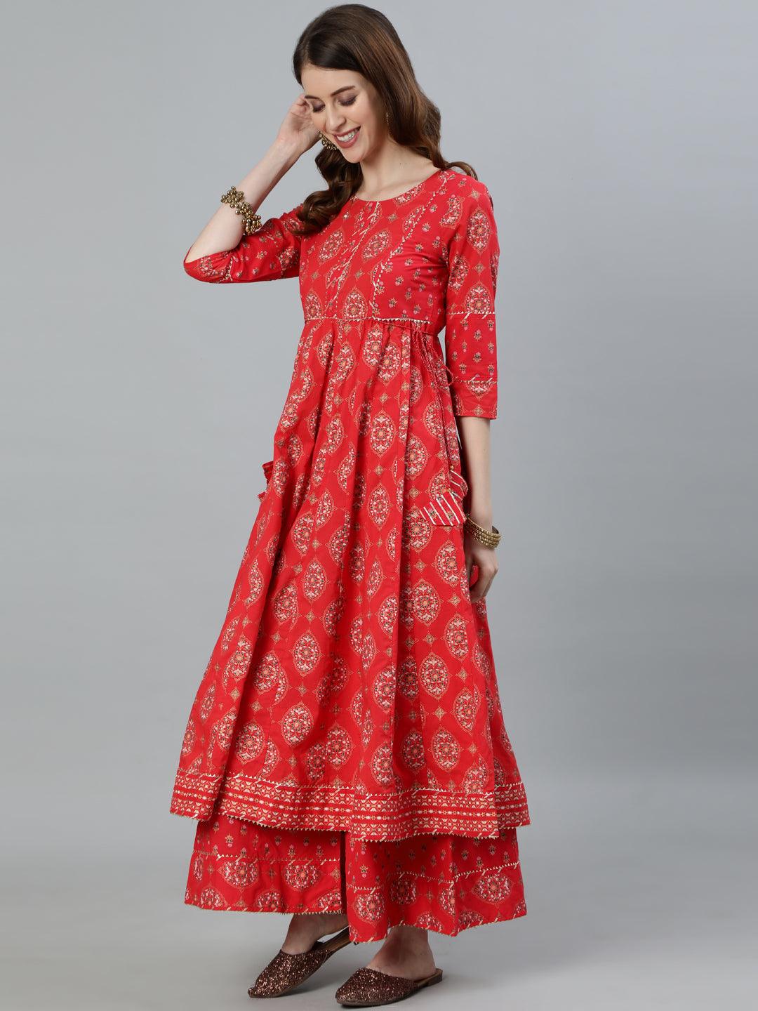 Women Red Anarkali Kurta With Palazzo & Dupatta by Ishin (3pcs Set) - Indiakreations