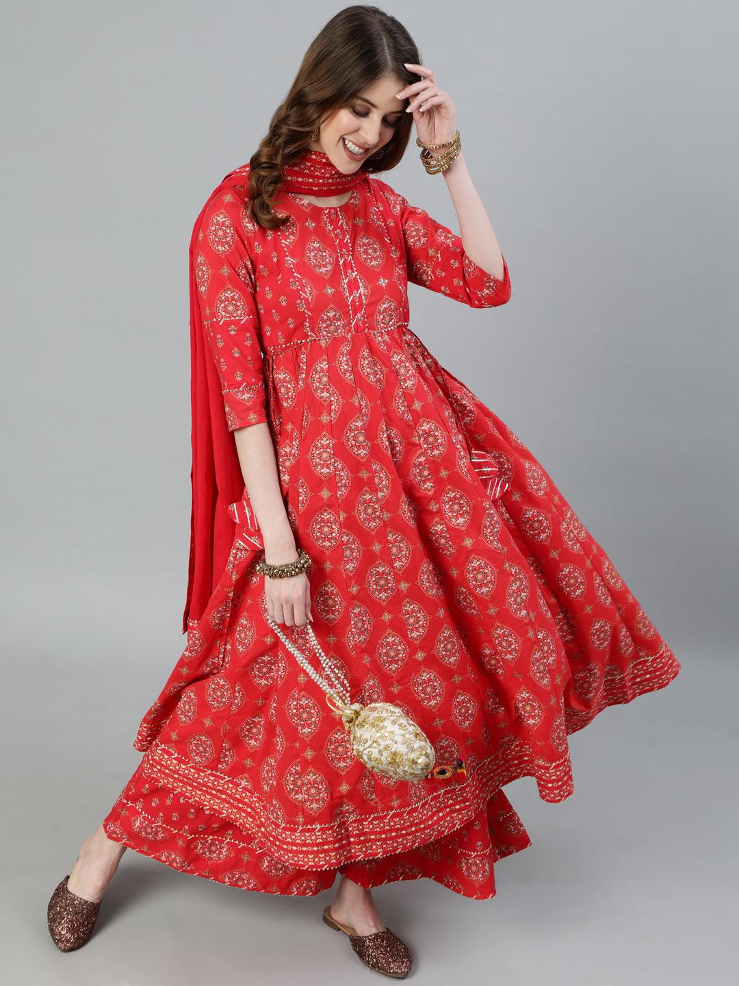 Women Red Anarkali Kurta With Palazzo & Dupatta by Ishin (3pcs Set) - Indiakreations