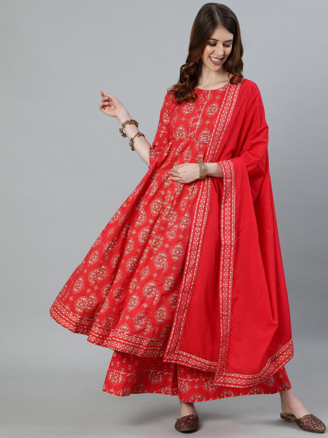 Women Red Anarkali Kurta With Palazzo & Dupatta by Ishin (3pcs Set) - Indiakreations