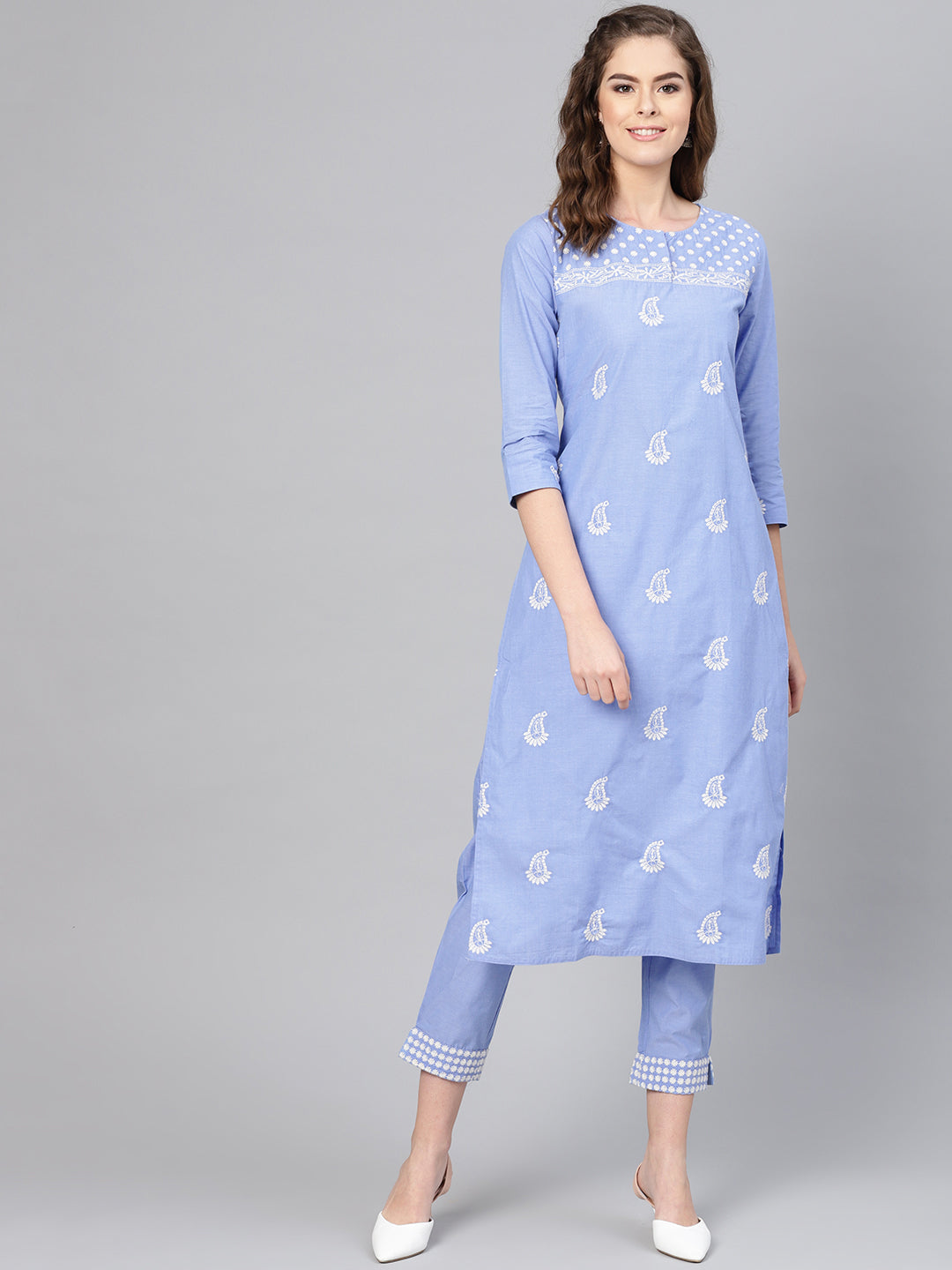 Women's Cotton Blue Embroidered A-Line Kurta Palazzo Set - Ishin