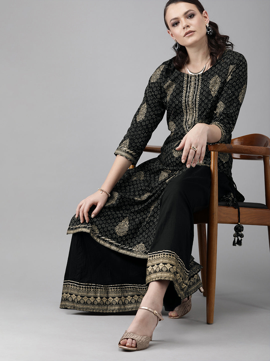 Women's Cotton Foil Printed A-Line Kurta Sharara Set - Ishin