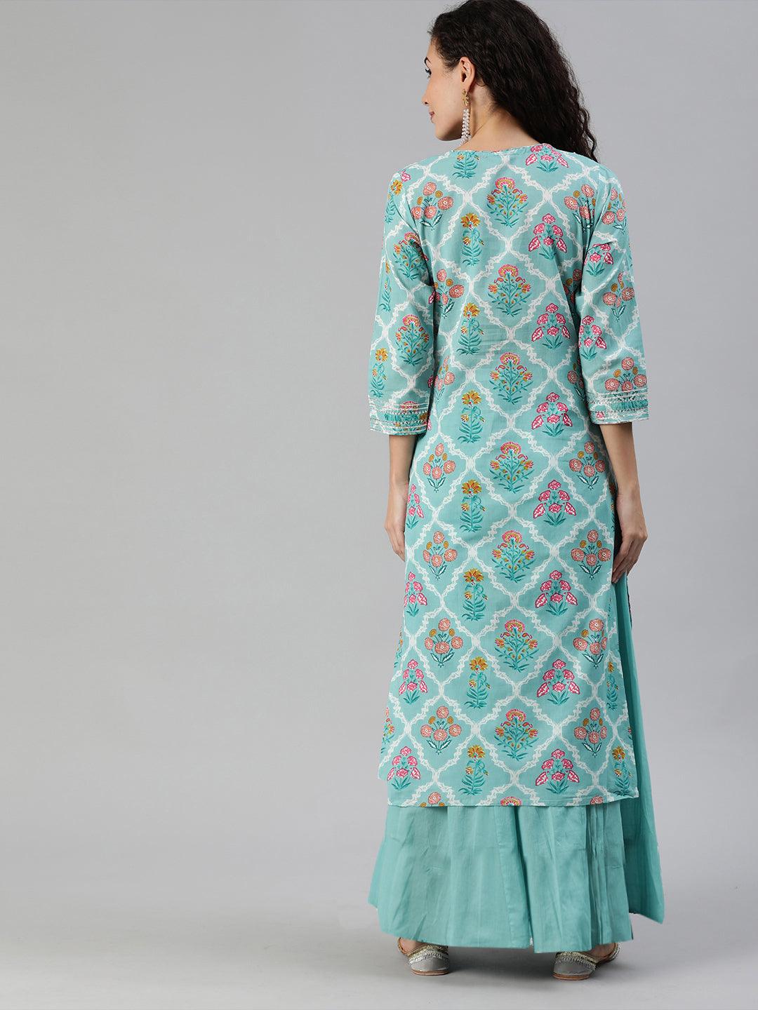 Women's Blue Printed Gota Patti A-Line Kurta - Ishin - Indiakreations