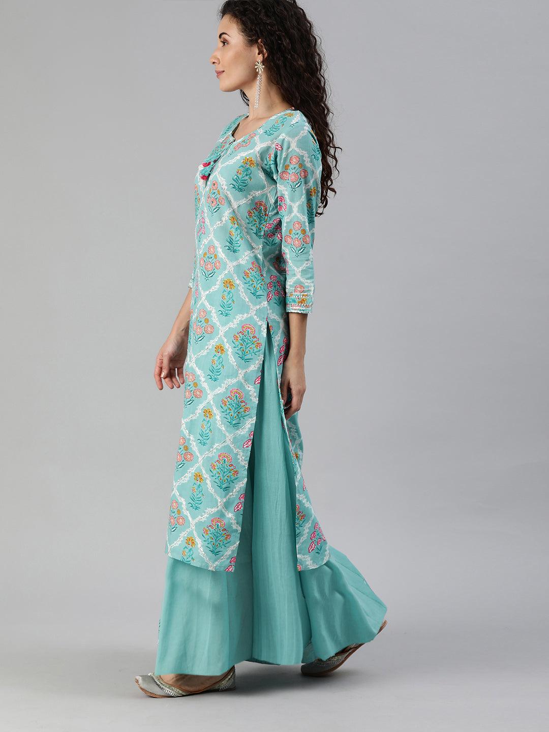 Women's Blue Printed Gota Patti A-Line Kurta - Ishin - Indiakreations