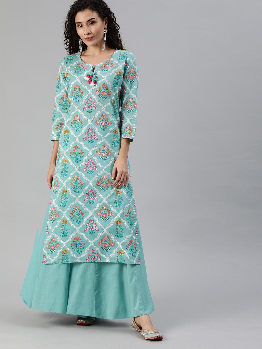 Women's Blue Printed Gota Patti A-Line Kurta - Ishin - Indiakreations