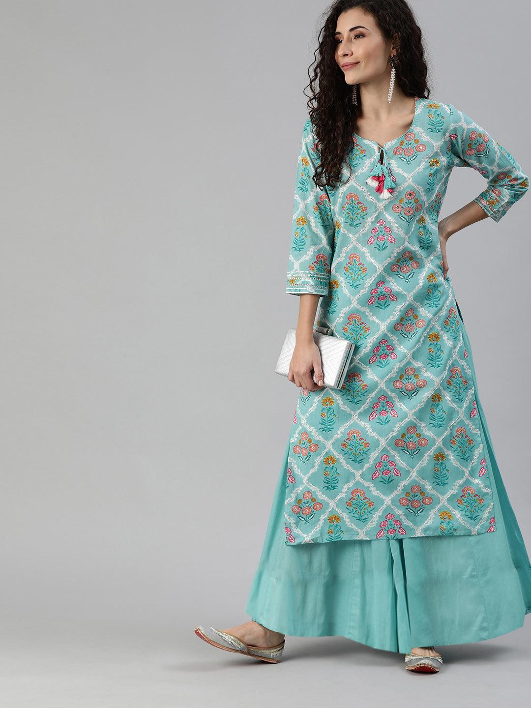 Women's Blue Printed Gota Patti A-Line Kurta - Ishin - Indiakreations