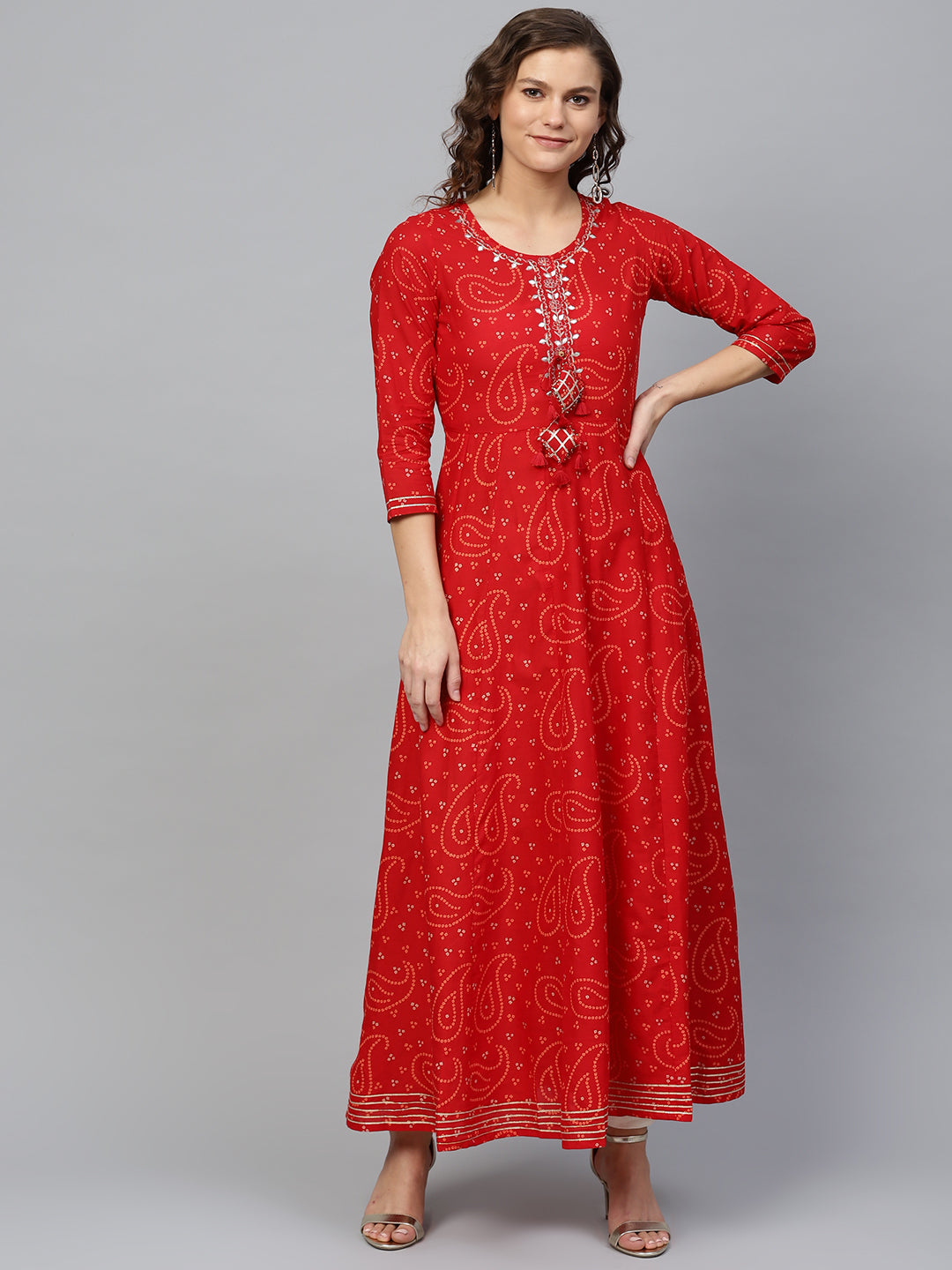 Women's  Red Printed A-Line Kurta - Ishin