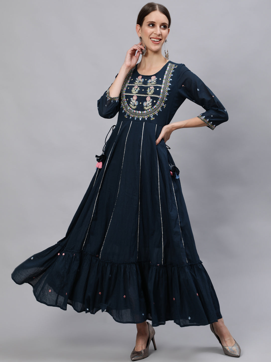 Women's Cotton Navy Blue Embroidered Anarkali Kurta - Ishin