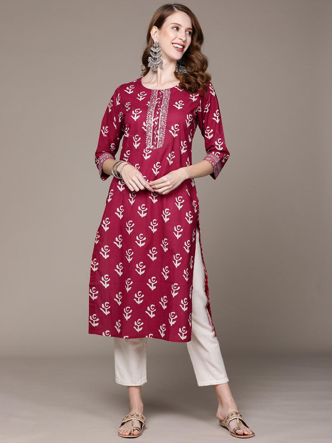 Women's Cotton Blend Pink Embroidered A-Line Kurta - Ishin - Indiakreations