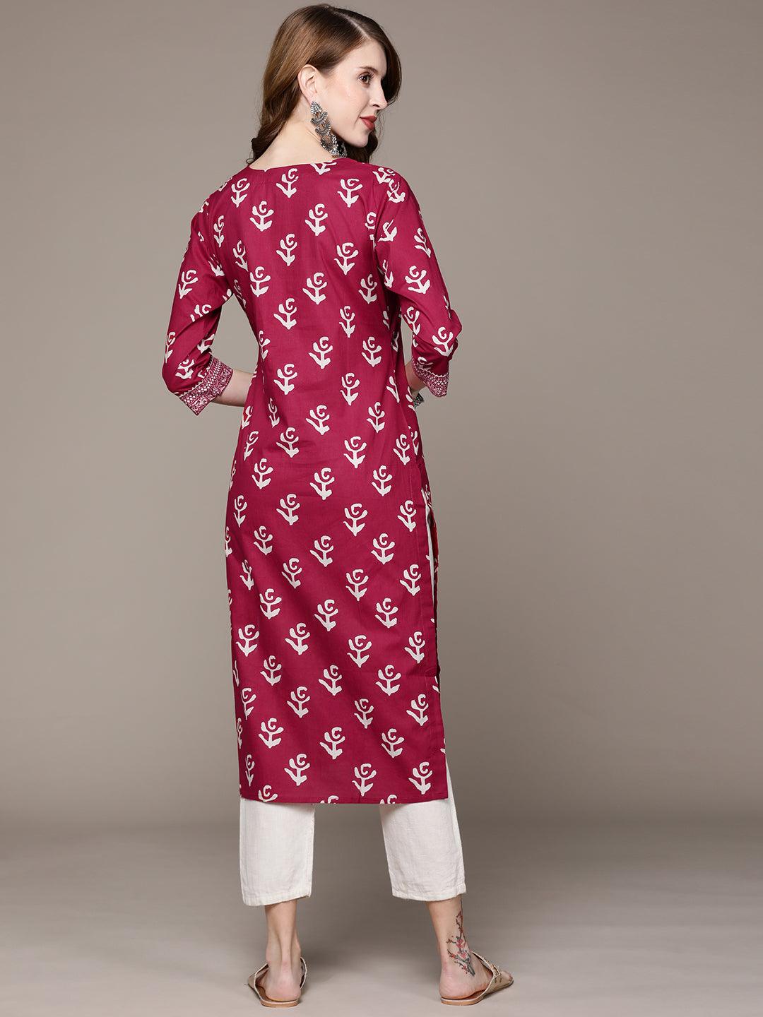 Women's Cotton Blend Pink Embroidered A-Line Kurta - Ishin - Indiakreations