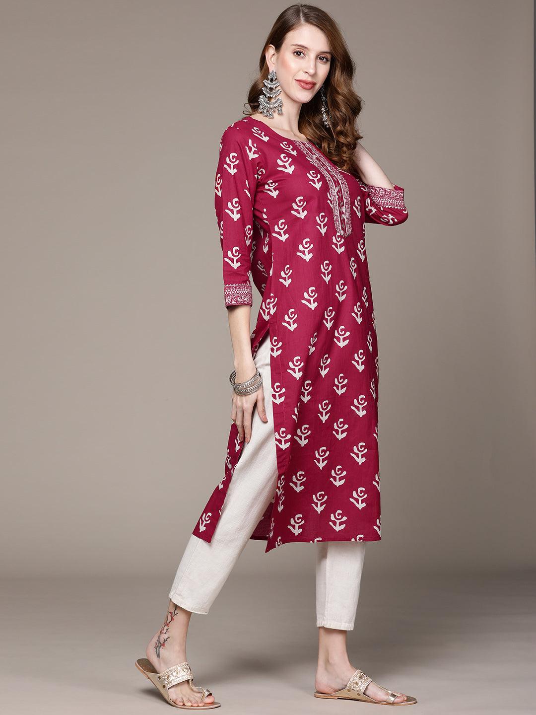 Women's Cotton Blend Pink Embroidered A-Line Kurta - Ishin - Indiakreations