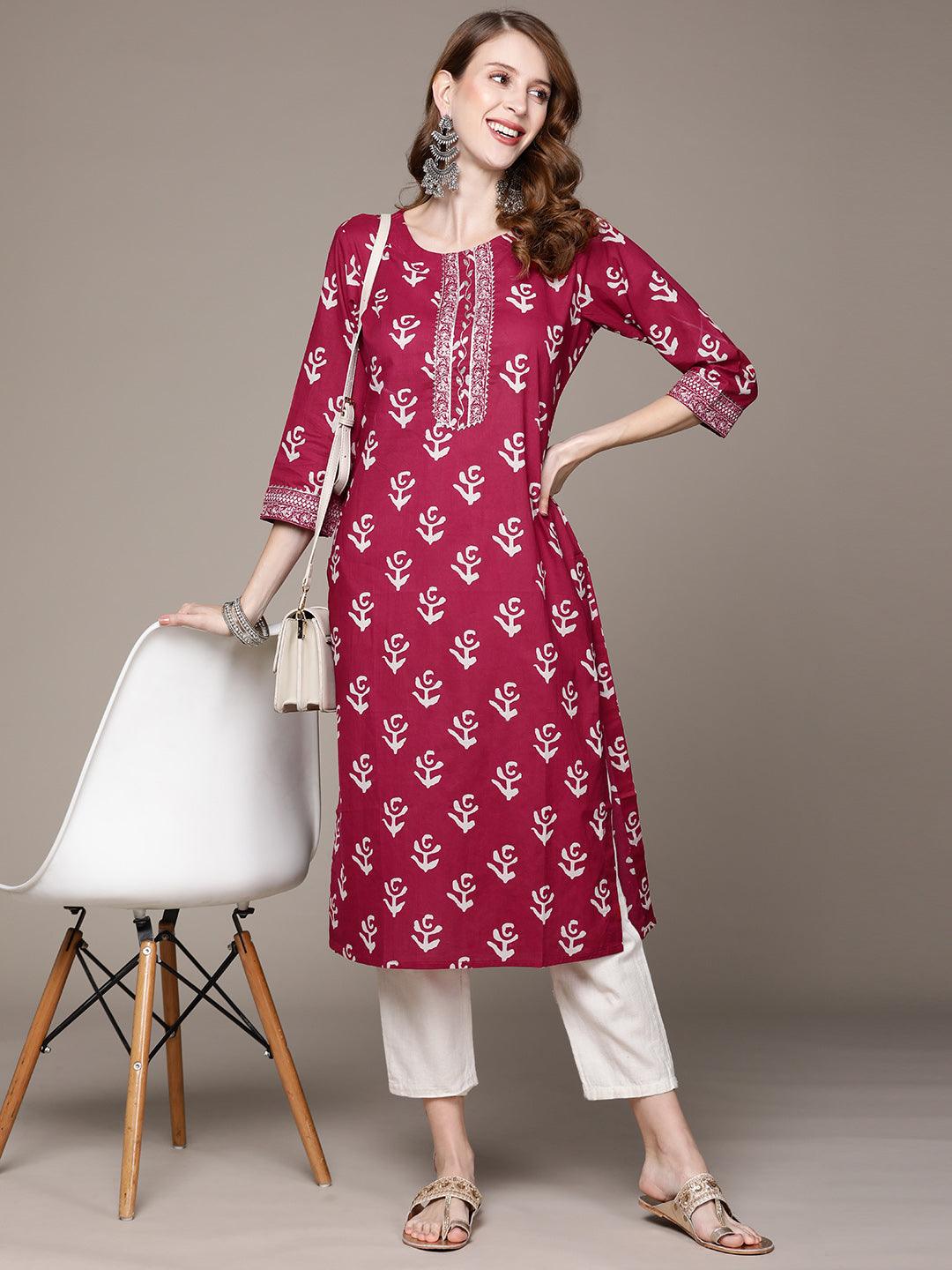 Women's Cotton Blend Pink Embroidered A-Line Kurta - Ishin - Indiakreations