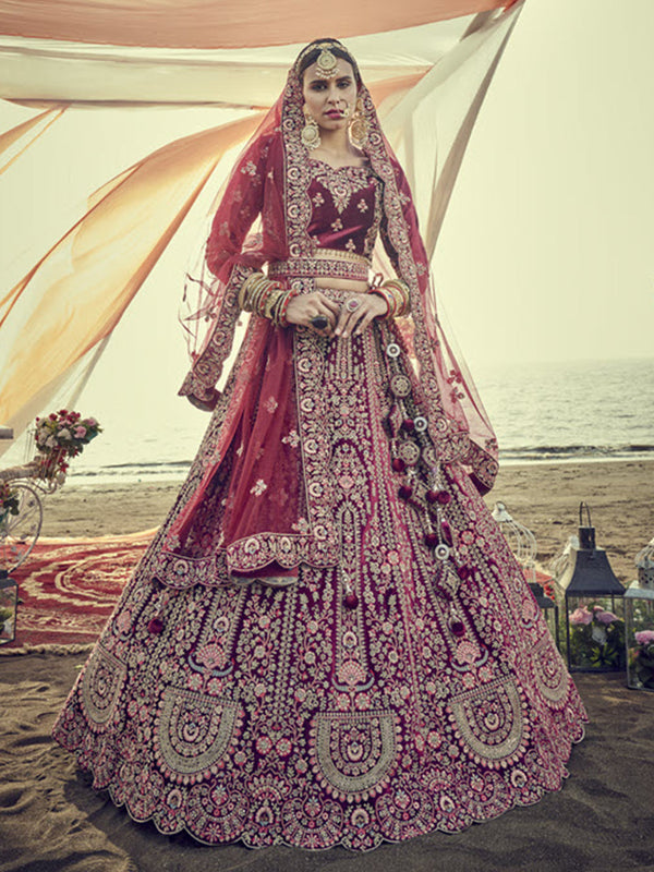 Phenomenal Maroon Zari Embroidery Lehenga Choli For Bride