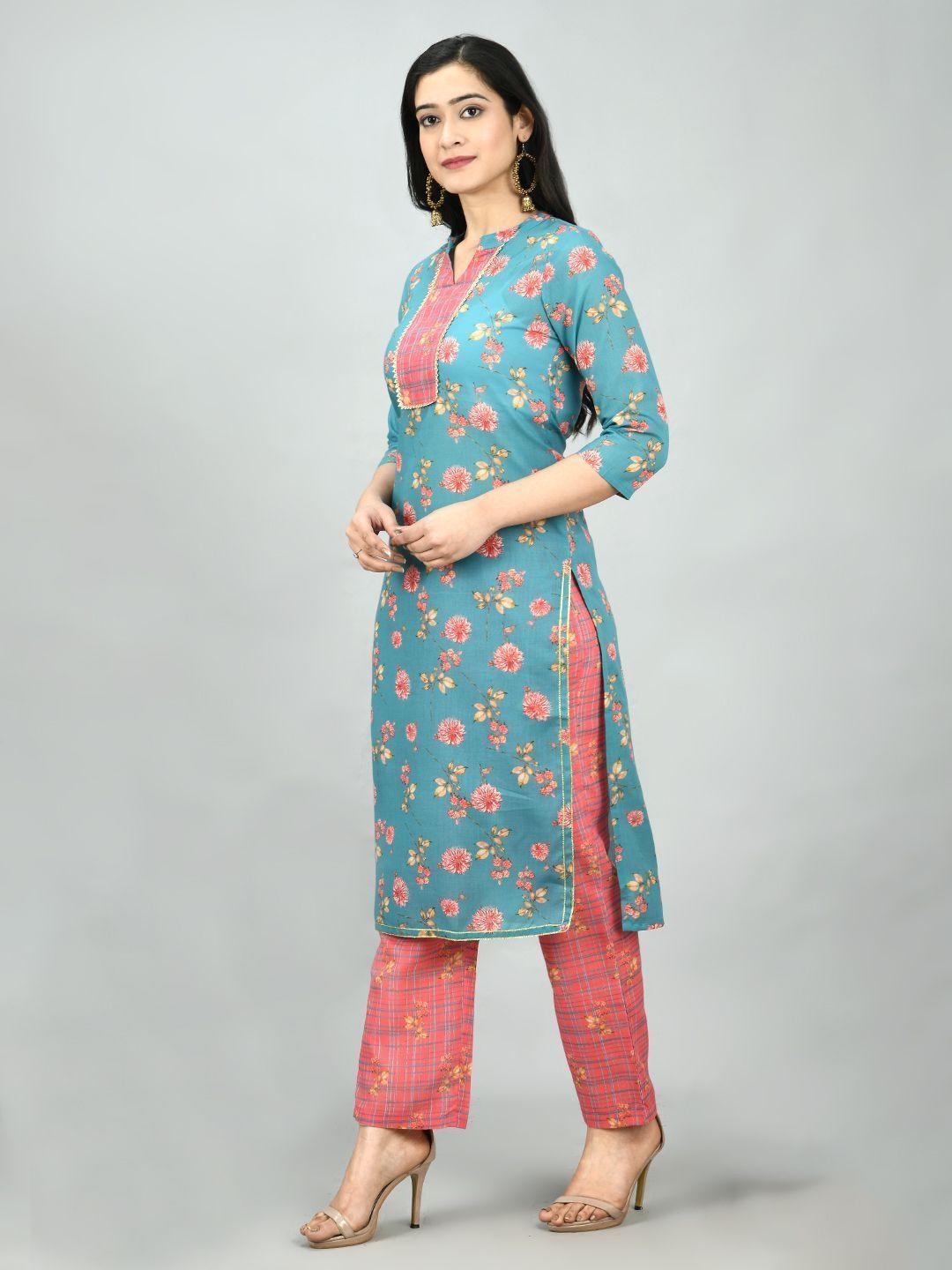 Women's Multi Poly Cotton Printed 3/4 Sleeve Mandarin Neck Casual Kurta Pant Set - Myshka - Indiakreations