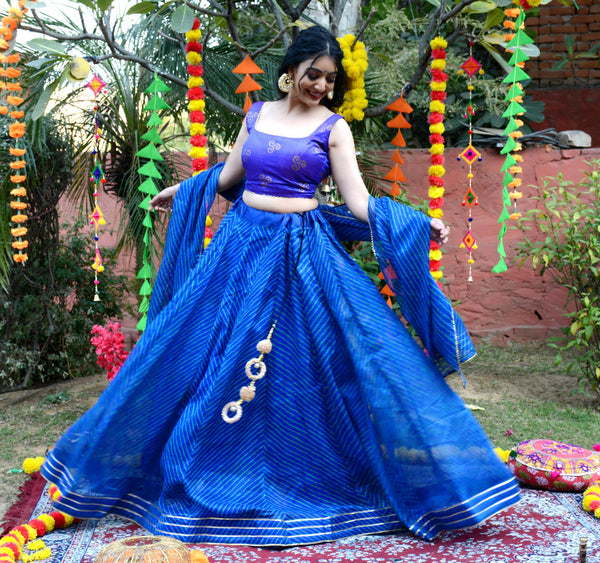 Women's Blue Striped Lehenga & Dupatta with Unstitched Blouse - Indi Inside