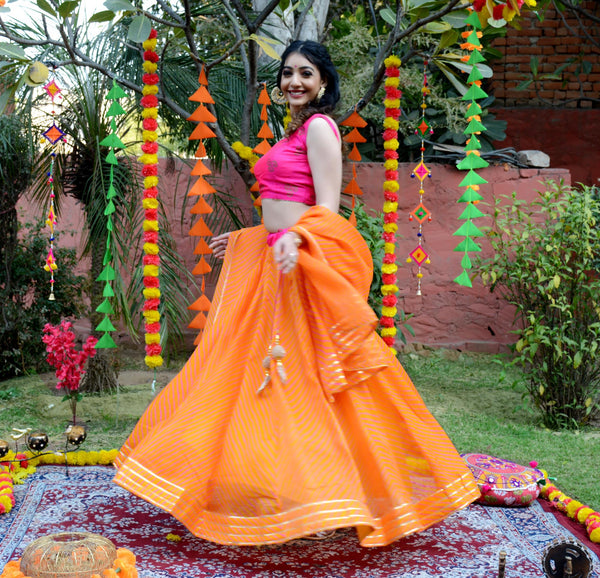 Women's Orange Striped Lehenga & Dupatta with Unstitched Blouse - Indi Inside