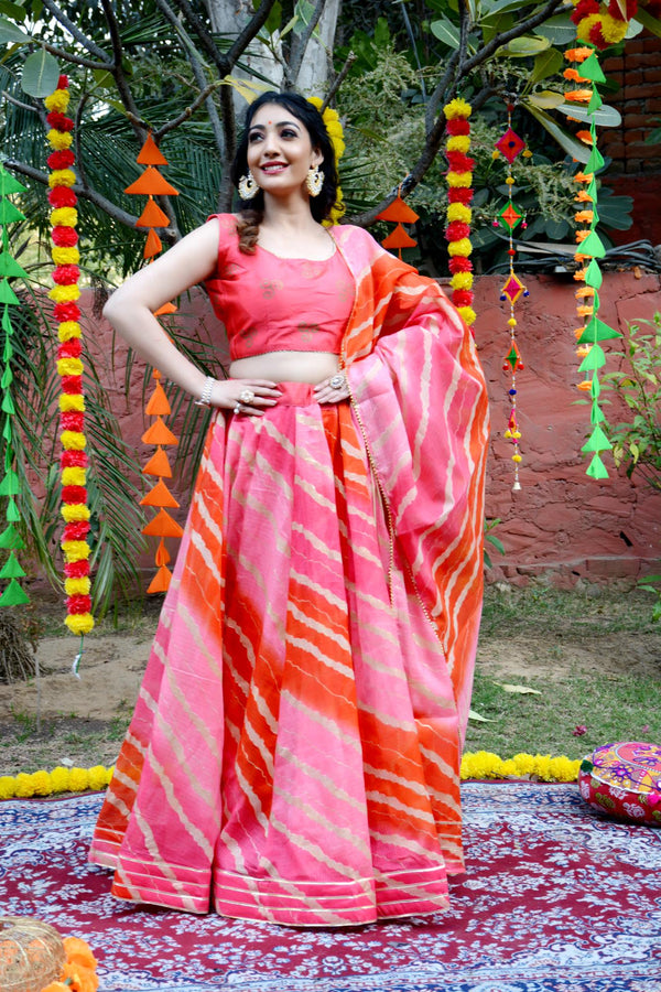 Women's Peach-Orange  Striped Lehenga & Dupatta with Unstitched Blouse - Indi Inside