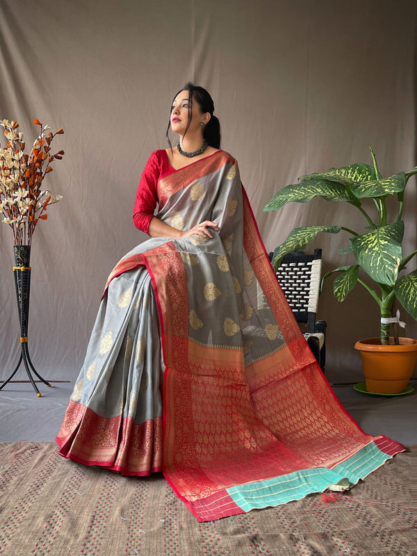 Women's Linen Contrast Woven Saree Grey - Tasarika