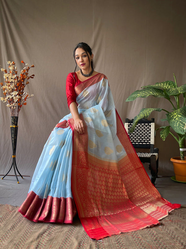 Women's Linen Contrast Woven Saree Blue - Tasarika