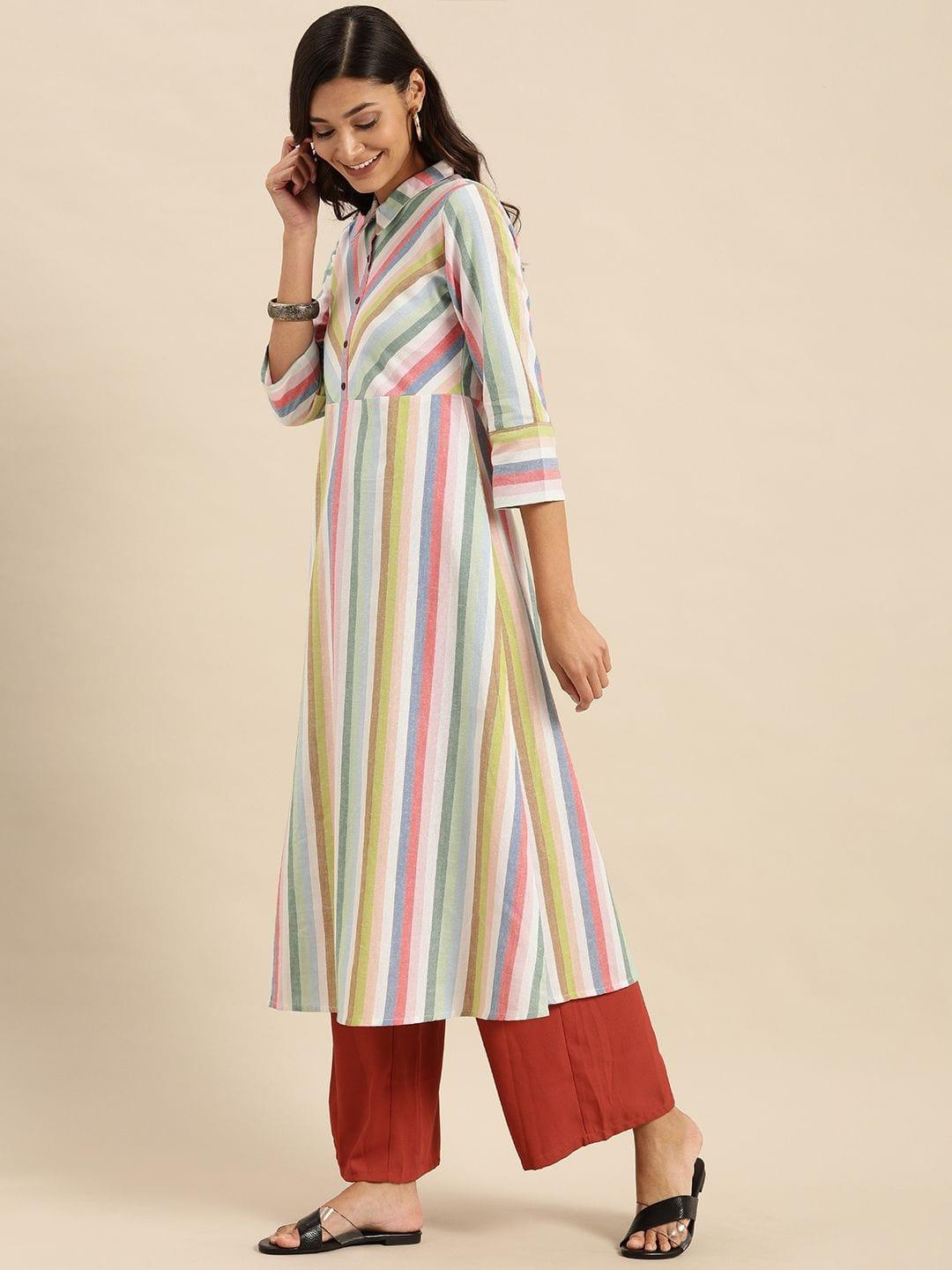 Multicoloured Striped Bell Sleeves Kurta - Indiakreations