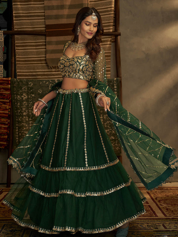 Women's Gorgeous Dark Green And Gold Lehenga Choli Set - Odette