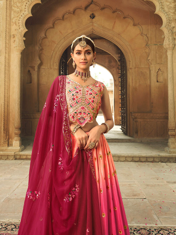 Women's Gorgeous Pink And Peach Lehenga Choli Set - Odette