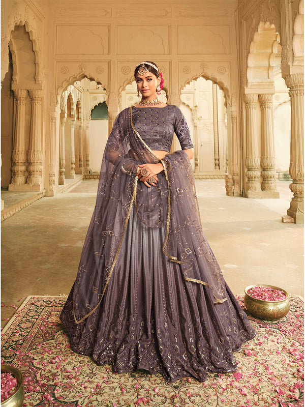 Women's Voilet And Grey Shaded Lehenga Choli Set - Odette