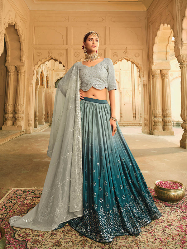 Women's Grey And Blue Shaded Lehenga Choli Set - Odette