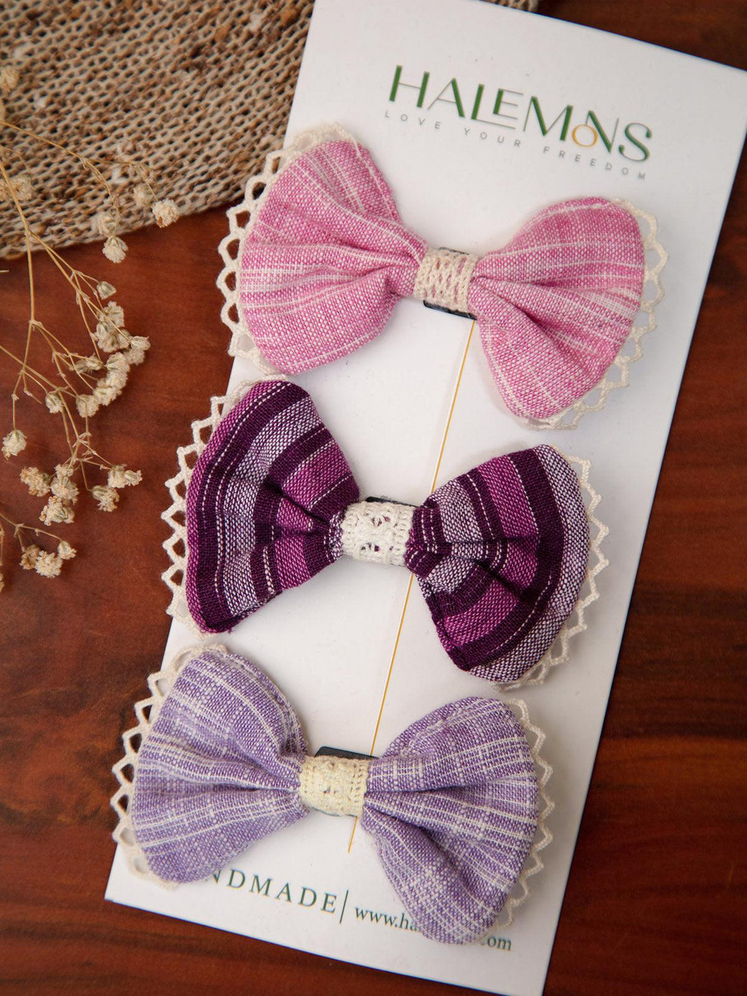 Girl's Lavender Handmade Baby Infant Girl Toddler Halemons Hair Fringe Clip Gift Set of 3 - HALEMONS - Indiakreations