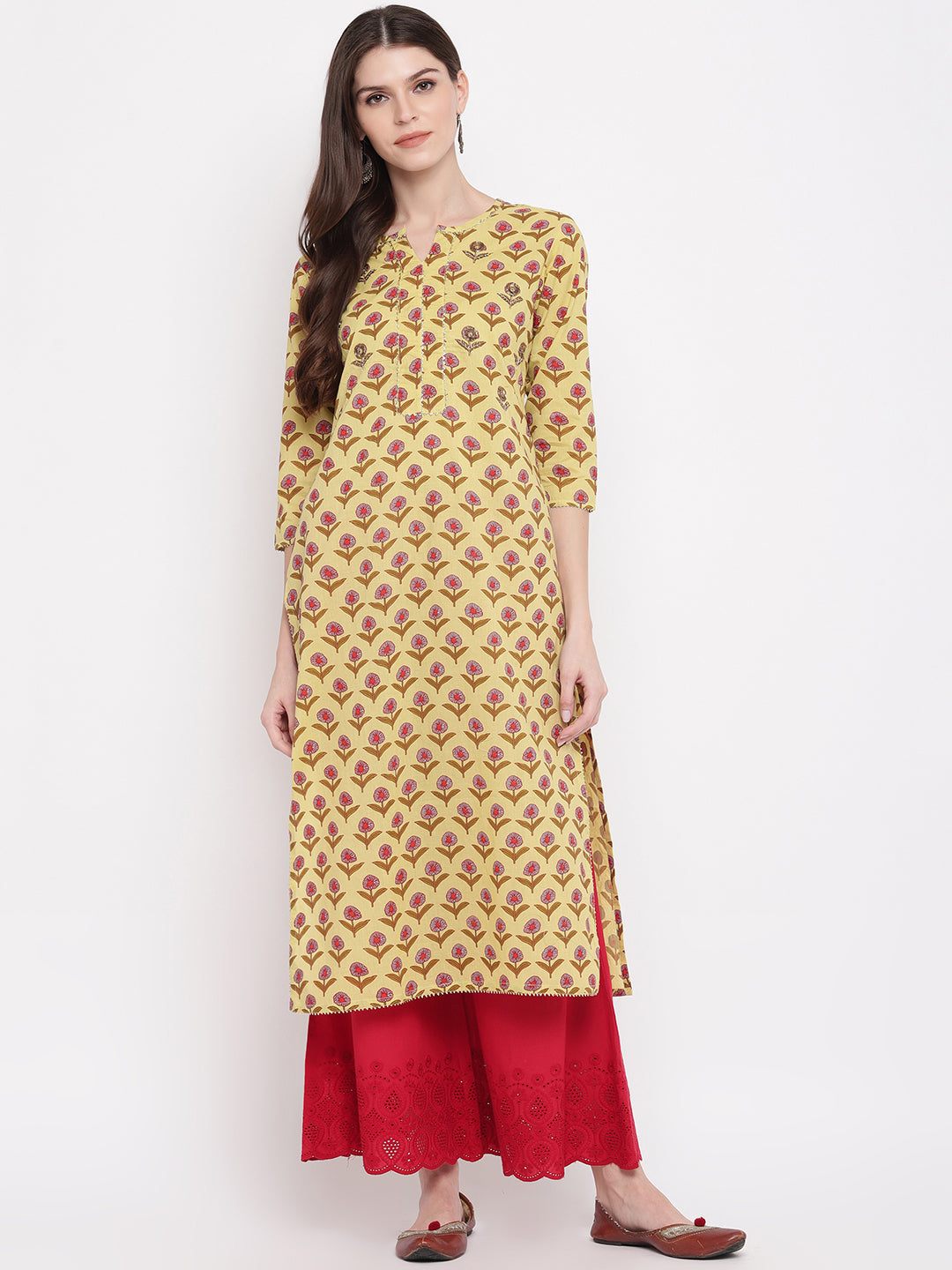 Women's Printed,Gota Patti Work, Sequience Work Straight Cotton Yellow Kurti - Vbuyz