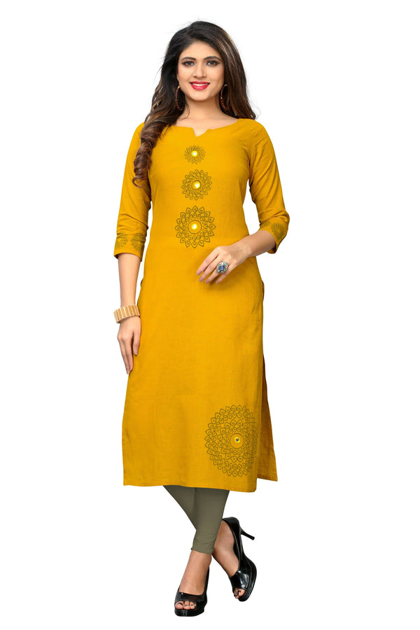 Women's Yellow Color Slub Cotton Straight Kurta Only  - Vbuyz