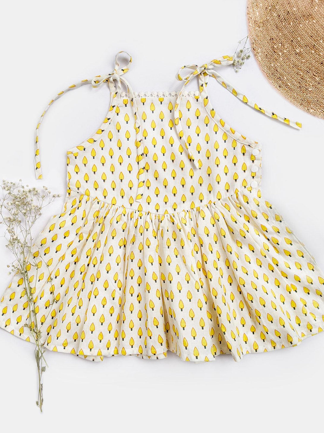 Girl's Lemon Yellow Mini Kids Frock With Strings - HALEMONS - Indiakreations